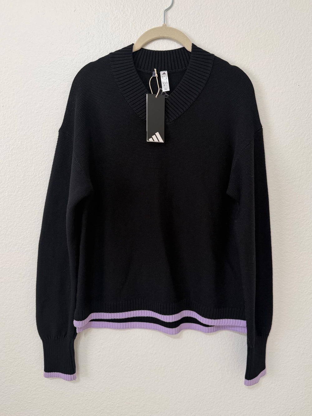 NWT Adidas Sweater Women’s Large Black Purple V-neck Golf Cotton Preppy